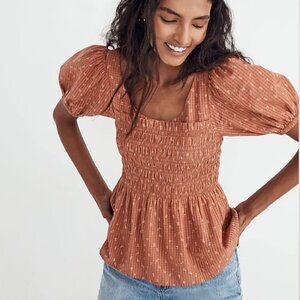 Madewell Bubble-Sleeve Smocked Peplum Top in Berry Stems